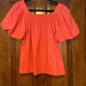 Maeve Anthropologie Women's Coral Puff Sleeve Cotton Top SZ S/M